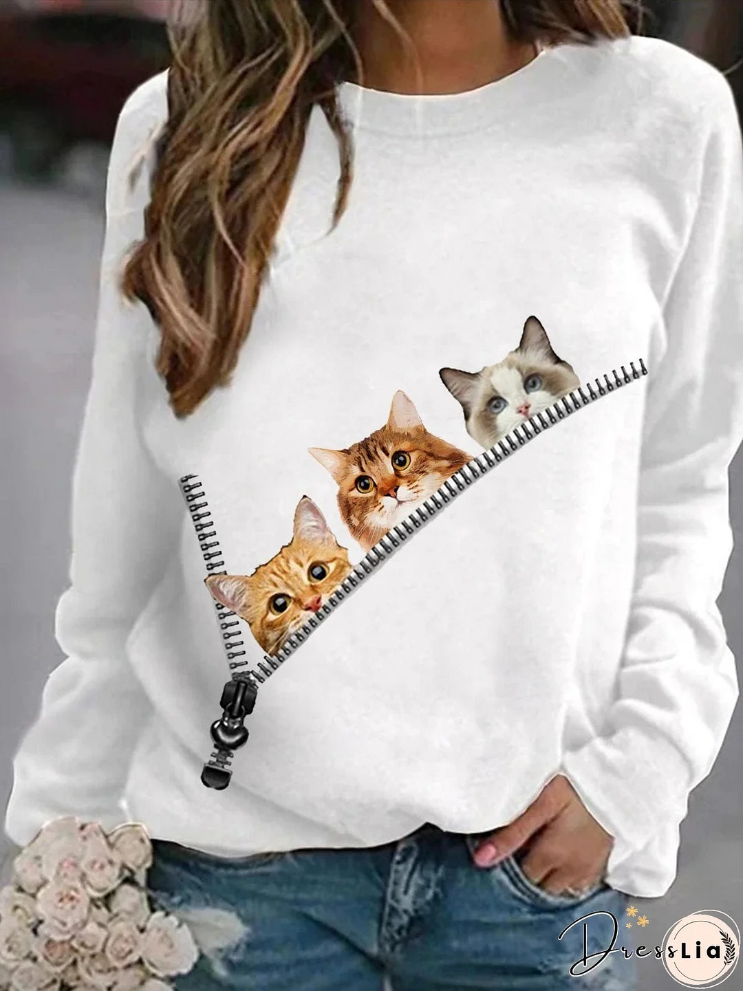 Women's T-Shirts Zip Cat Print Round Neck Long Sleeve T-Shirt