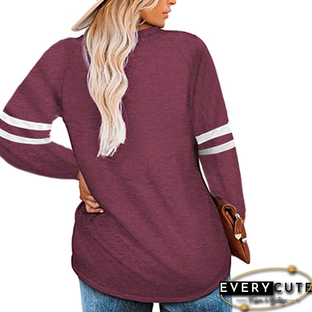 Wine Red Splice White Stripes V Neck Plus Size Tops
