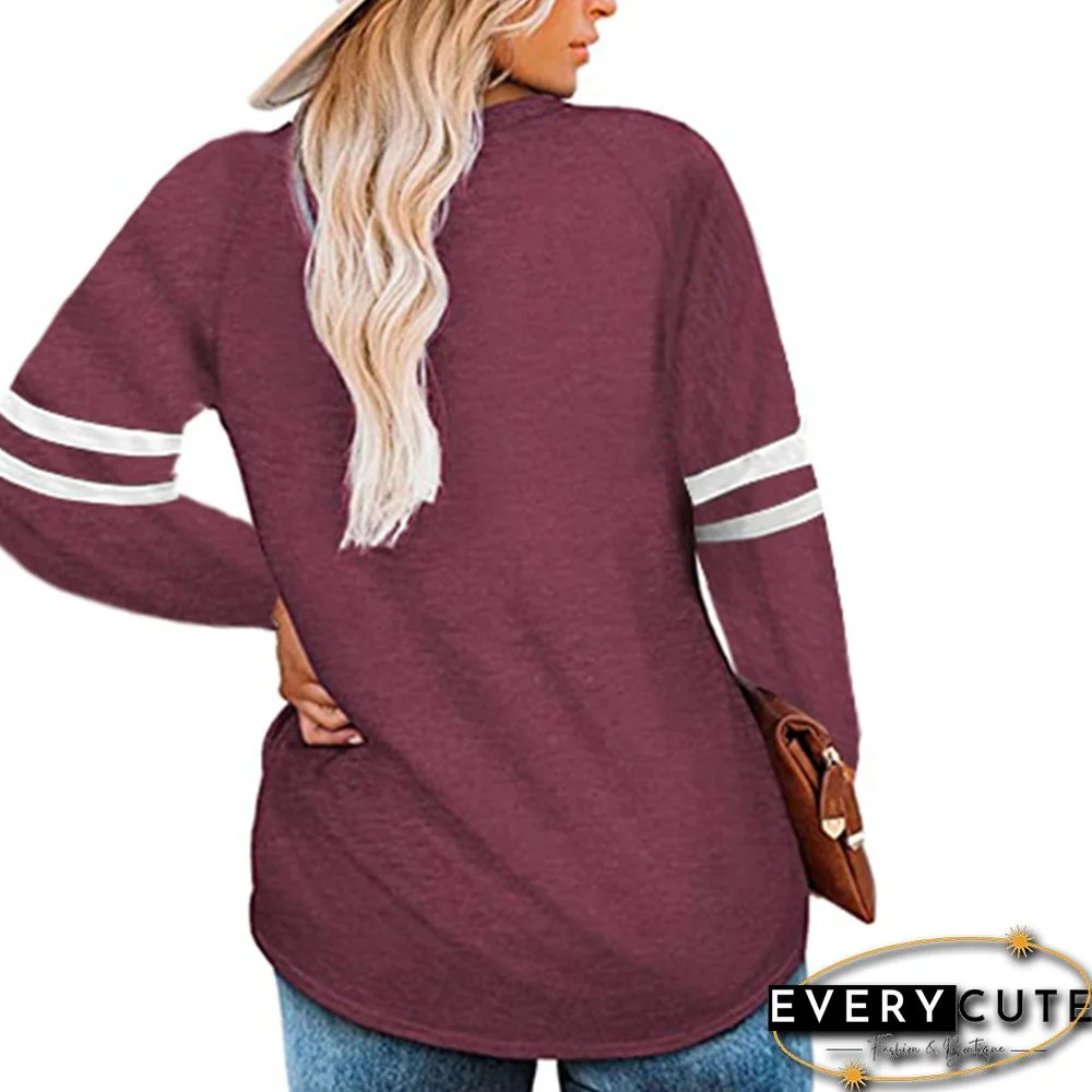 Wine Red Splice White Stripes V Neck Plus Size Tops