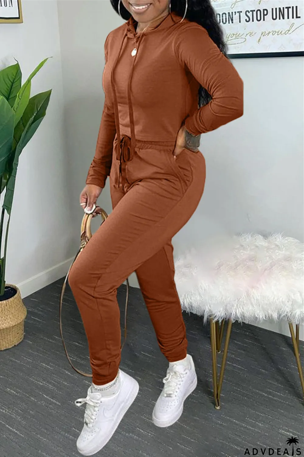 Coffee Fashion Casual Solid Basic Hooded Collar Long Sleeve Two Pieces