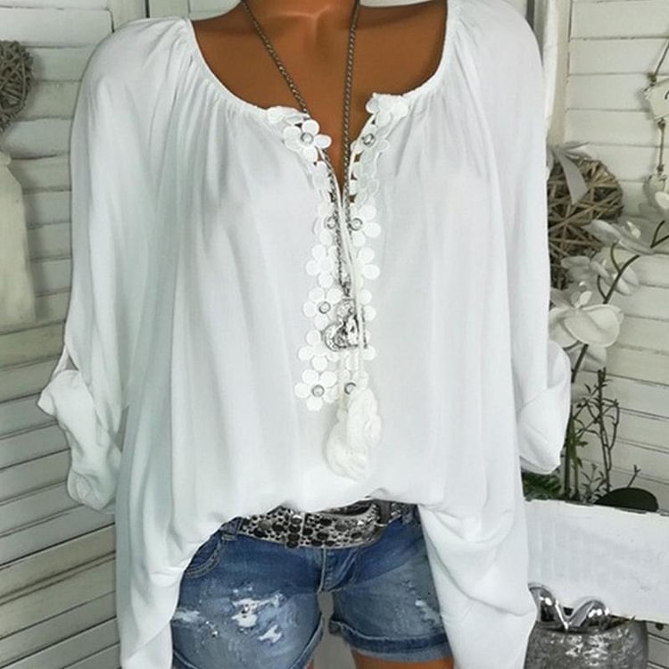 One-Neck Long-Sleeved Lace Splicing Pull Sleeve Blouse Women'S Tops