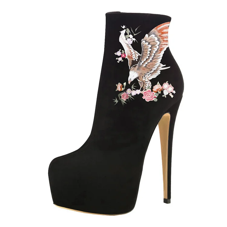 Black Platform Boots Vegan Suede Floral-print High Heel Ankle Boots |FSJ Shoes