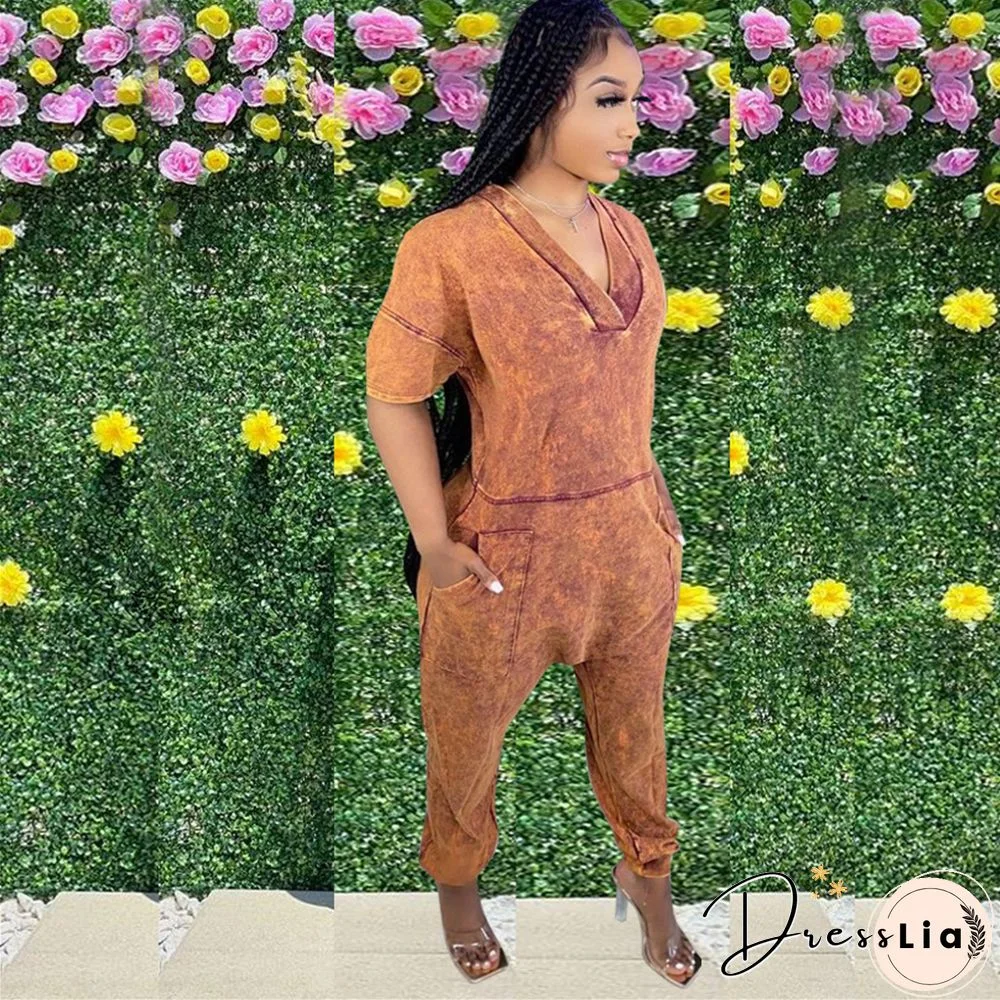 Loose Short Sleeve V Neck Long Harem Jumpsuits