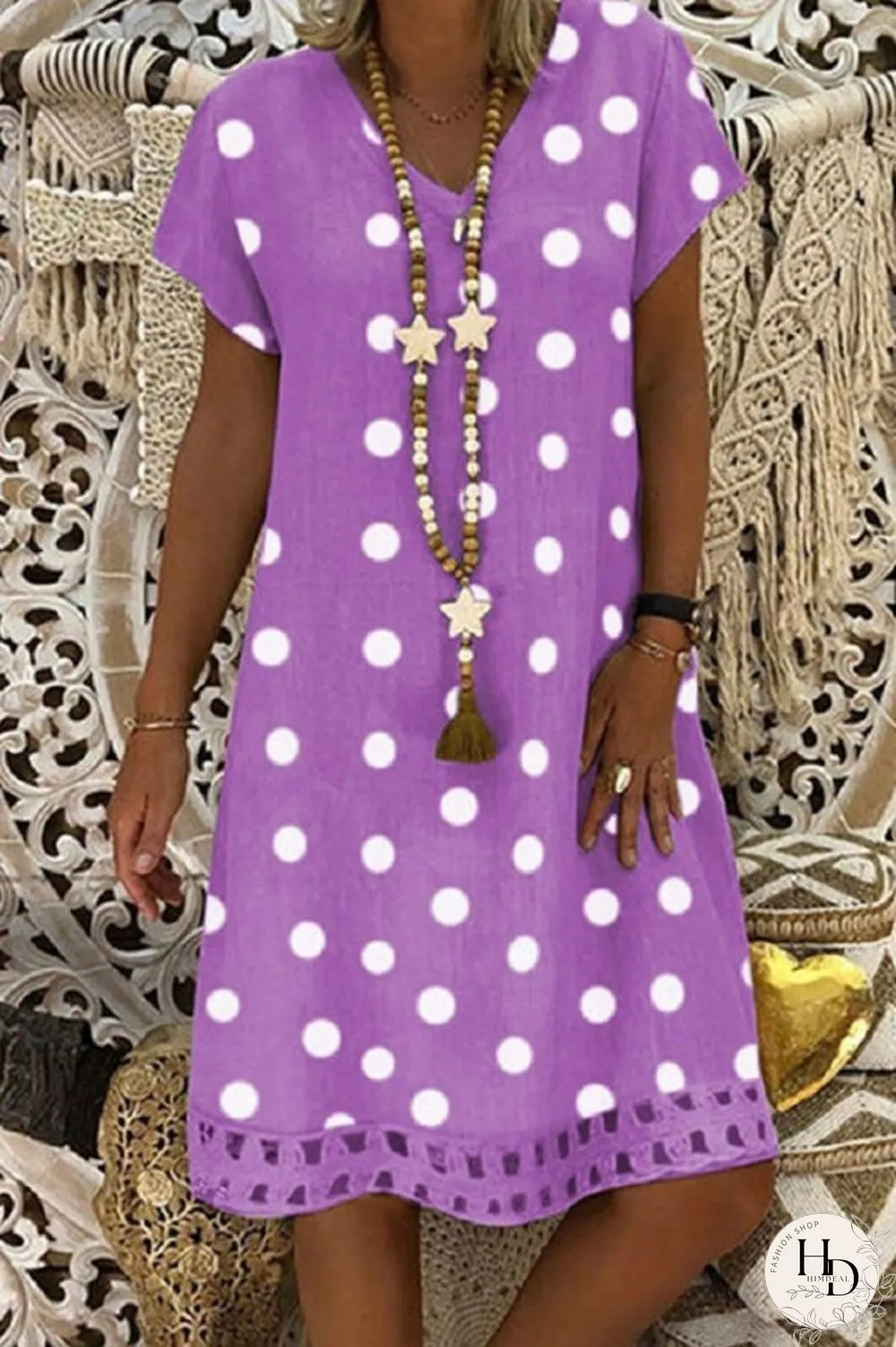 Fashion Casual V Neck Polka Dot Dress
