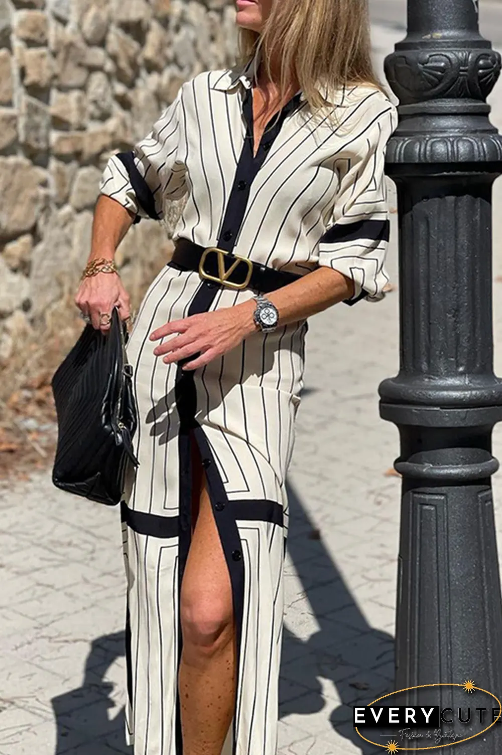 Casual Striped Split Joint Turndown Collar Straight Dresses