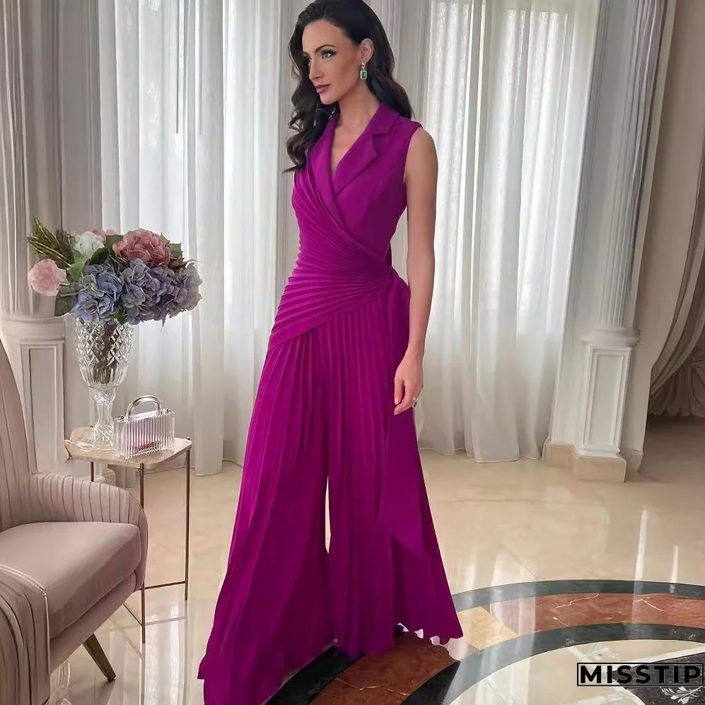 Women Summer Turndown Collar Solid Wide Leg Jumpsuit