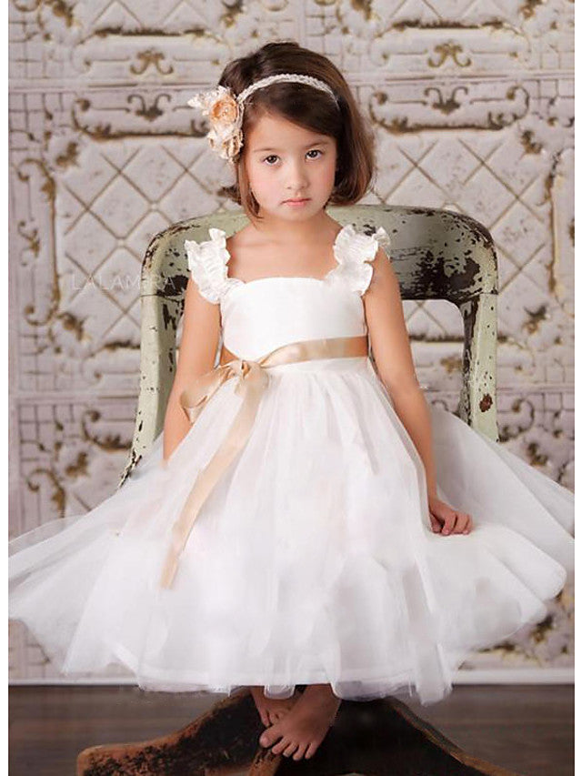 Oknass A-Line Sleeveless Square Neck Knee Length Flower Girl Dress Satin Tulle With Sash Ribbon Tier