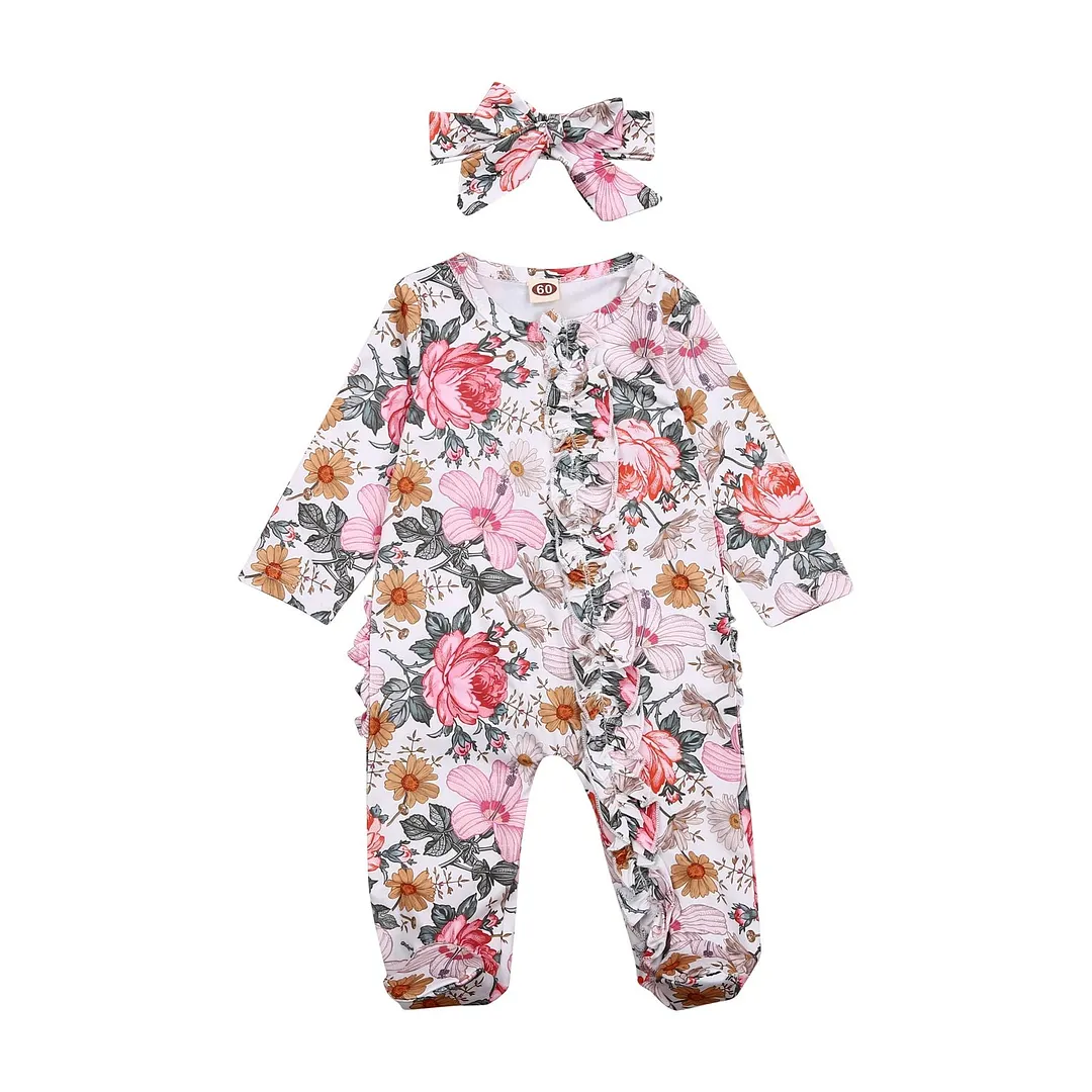 Newborn Baby Girl Floral Footed Playsuit, Floral Print One Piece Jumpsuit Sleeper with Headband Clothes Footies Long Sleeve