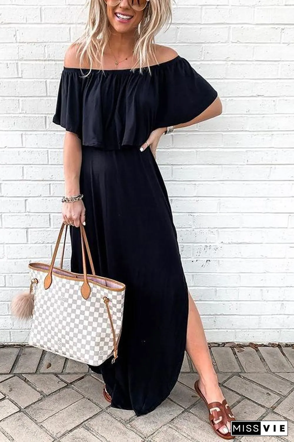 Off Shoulder Side Slit Maxi Dress