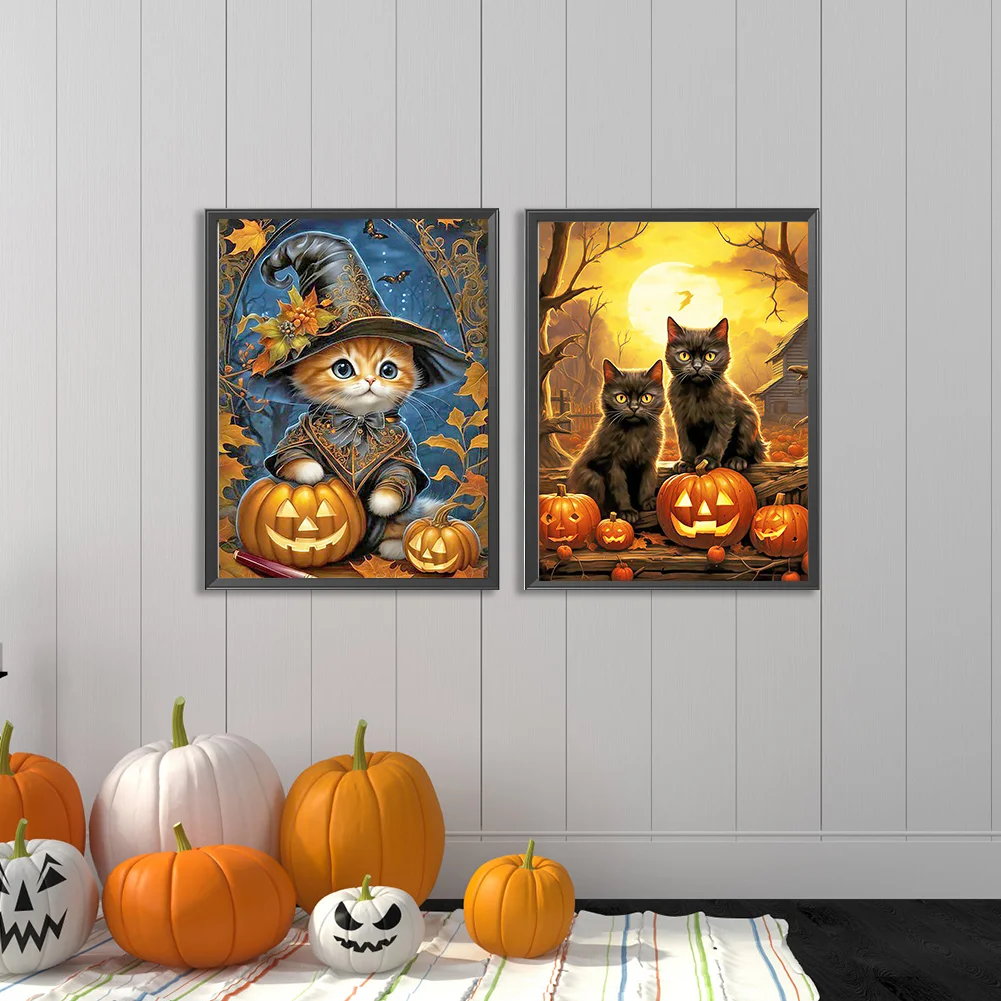 2pcs Diamond Painting - Full Round Drill - Halloween Pumpkin Cat(Canvas|30*40cm)