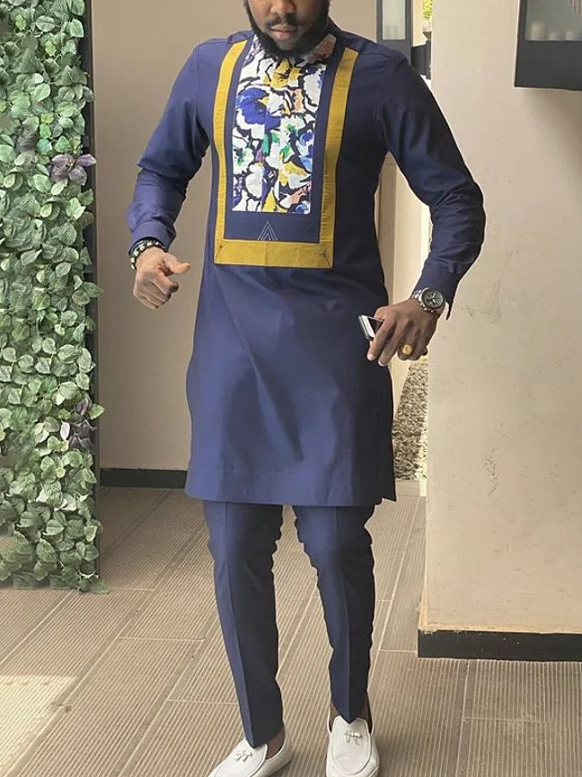 Men's casual navy blue floral print two-piece set