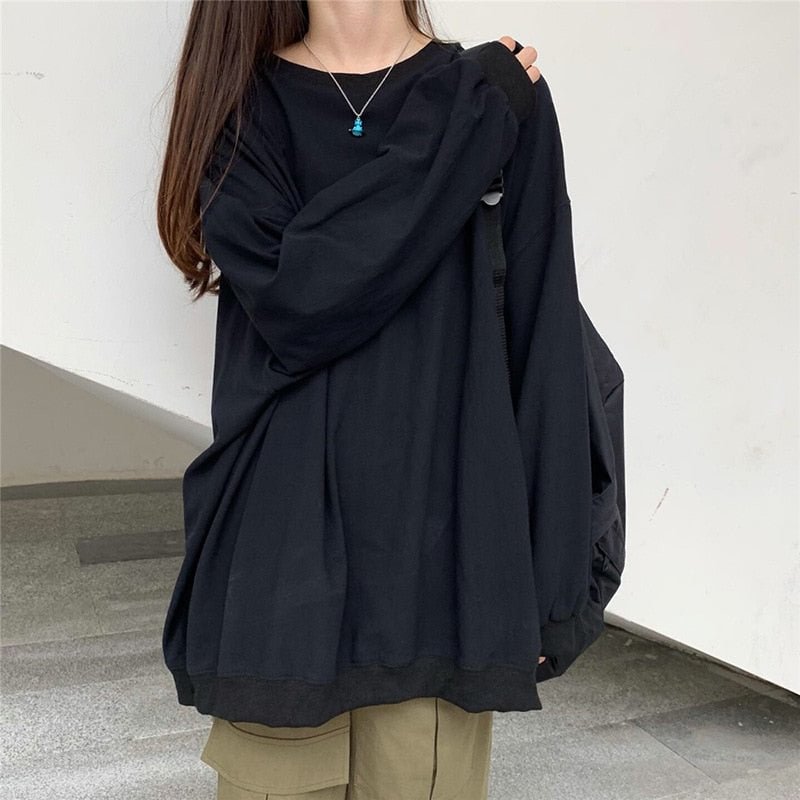 ONCE Autumn Oversized T-shirts Round Neck Long Sleeve Korean Style Women Colthing Loose Casual Basic Long Solid Fashion Tops