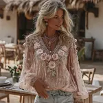 Women's Vintage Pink Flowers Art Linen Blend T-shirt - Image 2