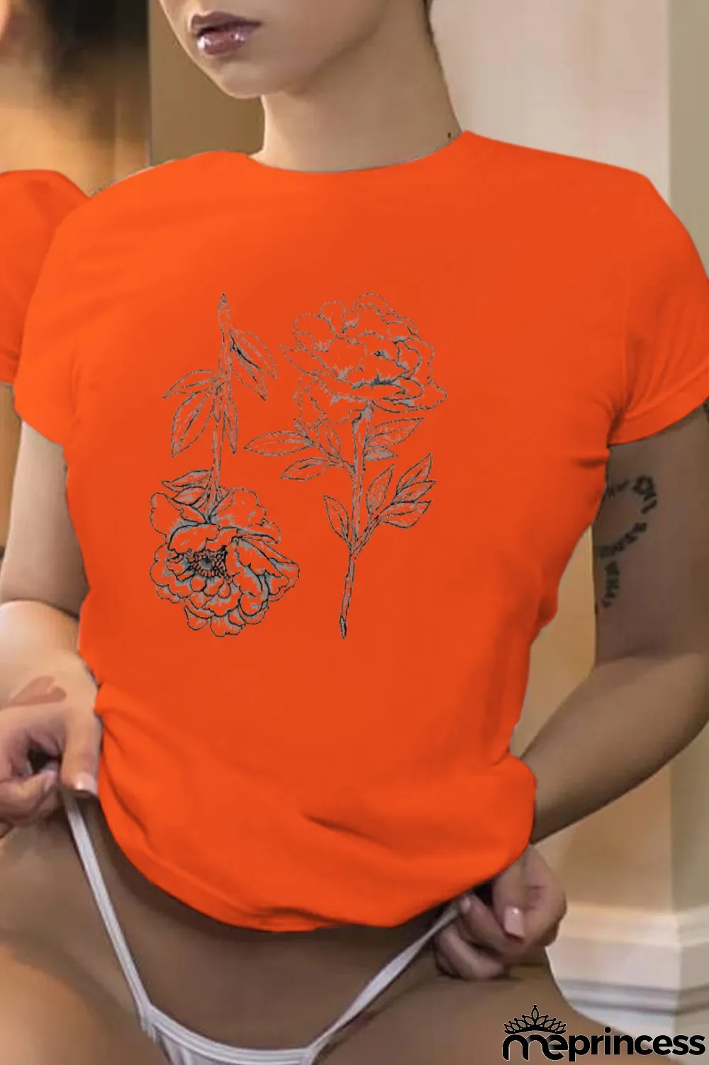 Orange Street Print Patchwork O Neck T-Shirts