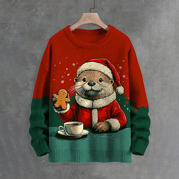 Men's Vintage Christmas Otter Eating Cookies And Coffee Color Block Art Print Knit Sweatshirt