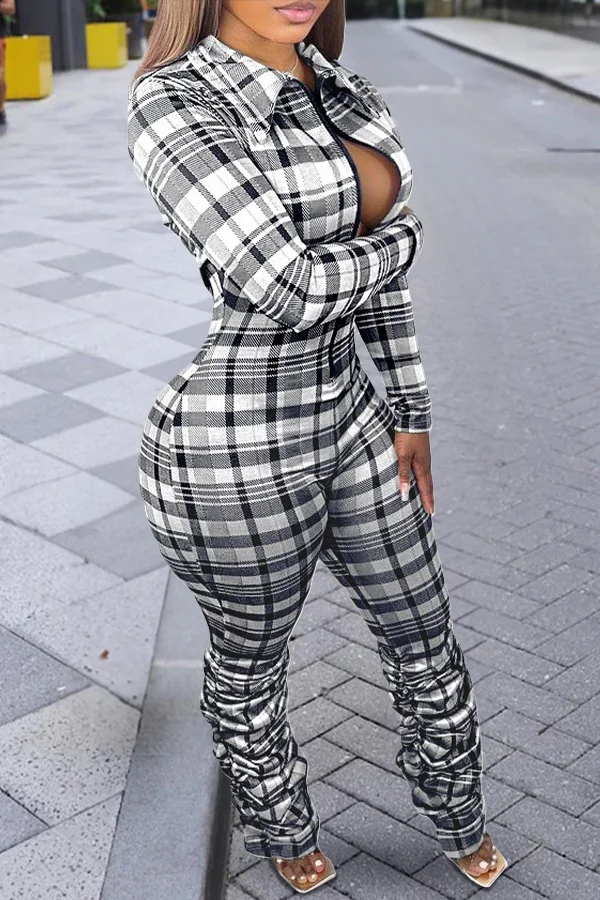 Casual Plaid Printed Lapel Slim Fit Pleated Zipper Jumpsuit