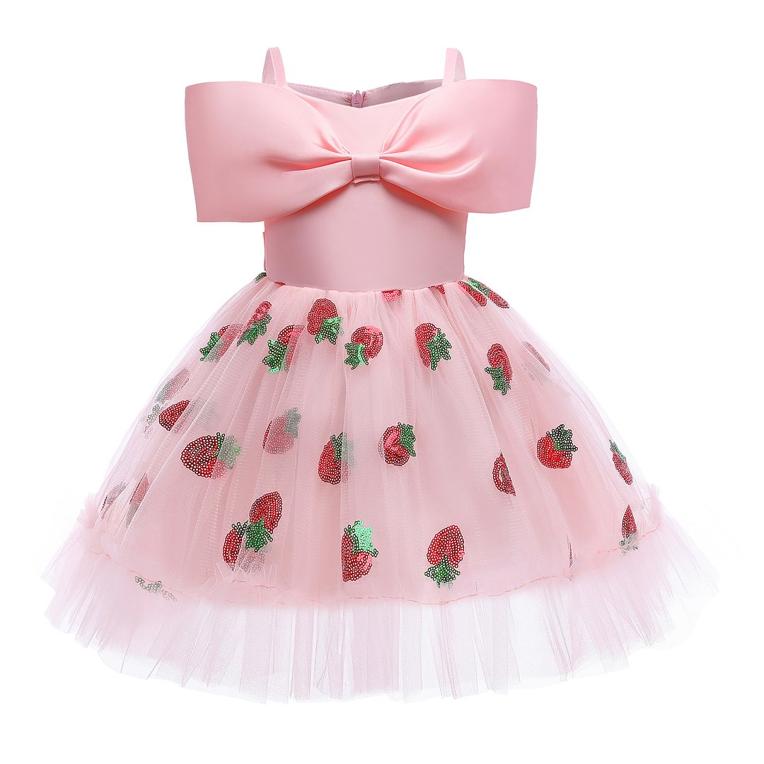 Buzzdaisy Strawberry Princess Dress For Girl V Neck Suspender Bow-Knot Off The Shoulder Soft Cotton Sports