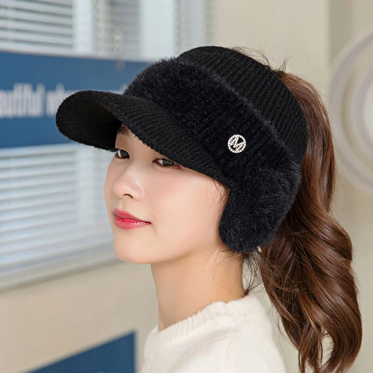 CNTANG 2023 Autumn WinterWomens Knitted Fleece Hat Ladies With Earflaps Hats Empty Top Baseball Cap For Female
