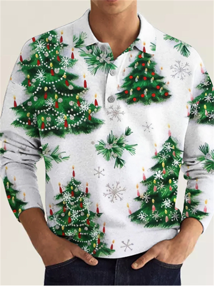 Men's Polo Shirt Golf Shirt Tree Graphic Prints Turndown White Light Green Red Dark Green Green 3D Print Street Casual Long Sleeve Button-Down Print Clothing Apparel Fashion Designer Casual Soft