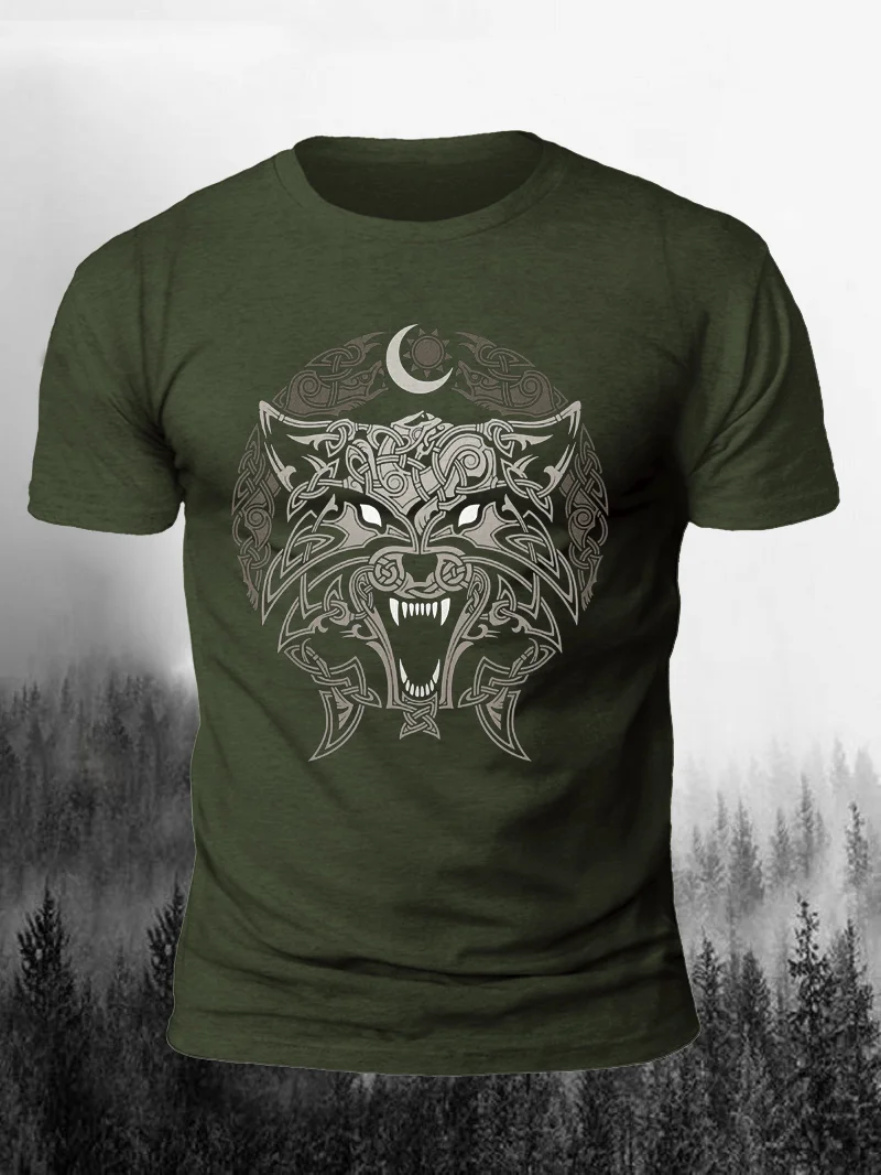 Viking Tiger Head Totem Print Short Sleeve Men's T-Shirt in  mildstyles