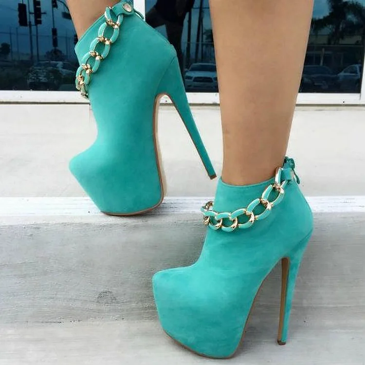 Turquoise Vegan Suede Chains Stiletto Heel Platform Boots |FSJ Shoes
