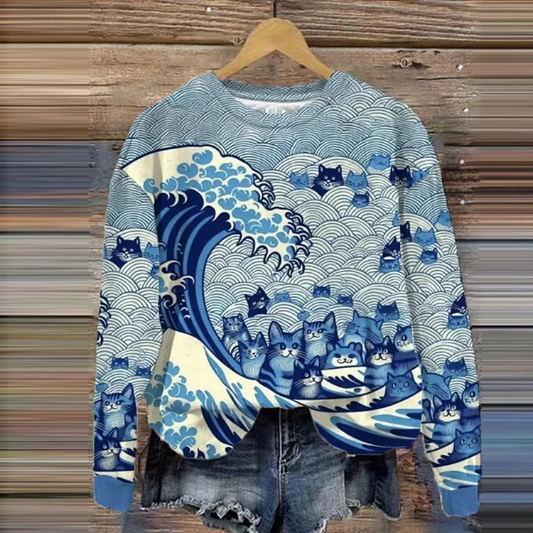 Women's Blue Waves&Cats Printed Sweatshirt