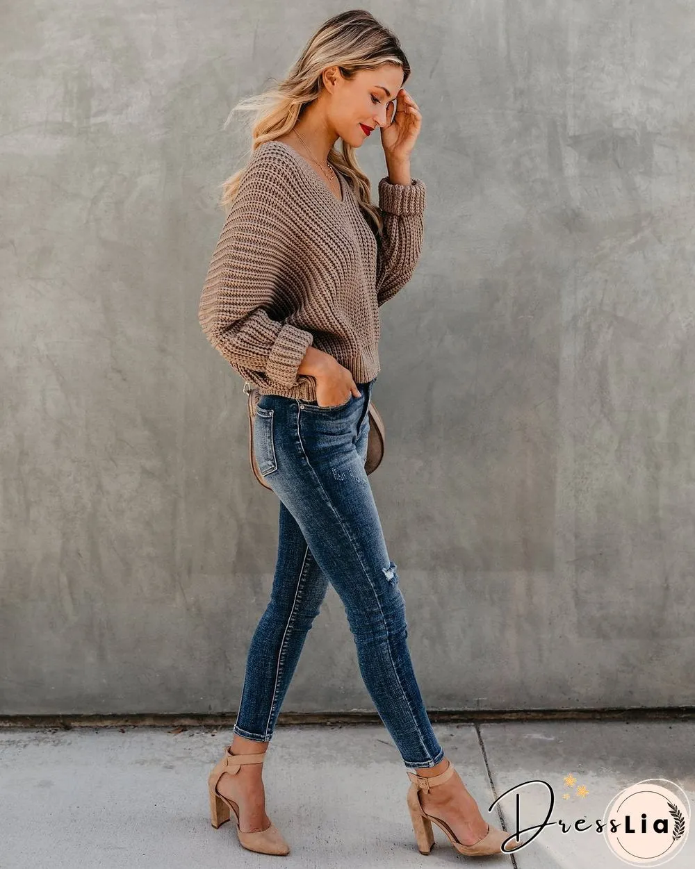 Indianred Loose Long Sleeve Knit V-Neck Sweater