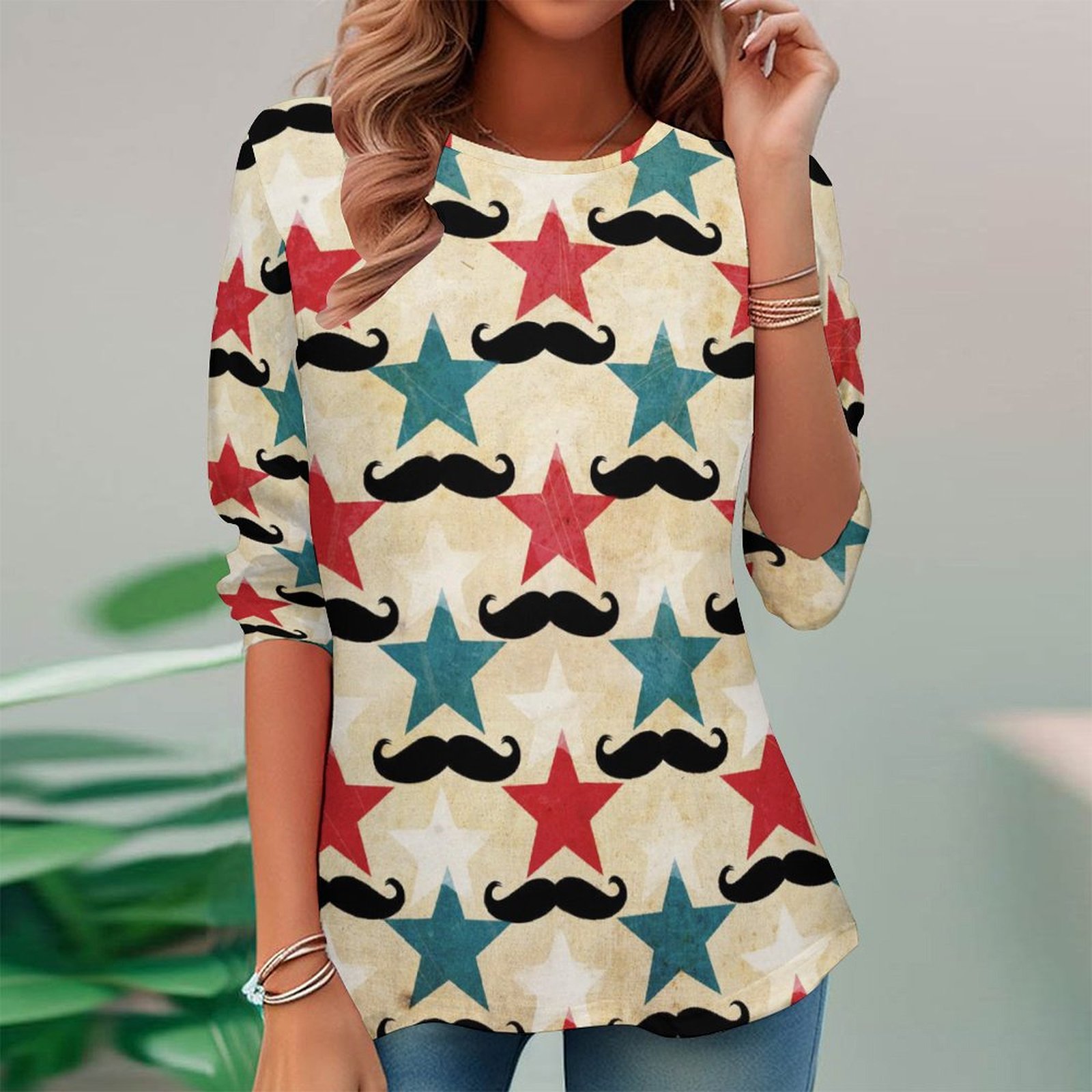 Women Long Sleeve V-neck Graphic Floral Printed Top