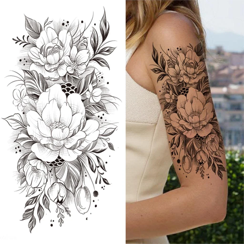 Geometry Rose Flower Temporary Tattoos For Women Girls Black Butterfly Bird Tattoo Sticker Fake Peony Geometric Body Art Tattos