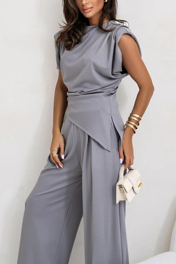Jordy Ruched Shoulder Slit Top and Elastic Waist Pocketed Wide Leg Pants Set