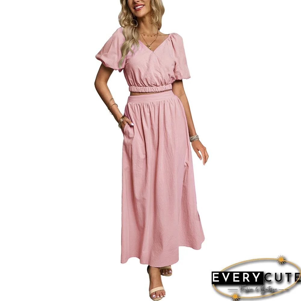 Pink V Neck Crop Top and Pocket Skirt Set