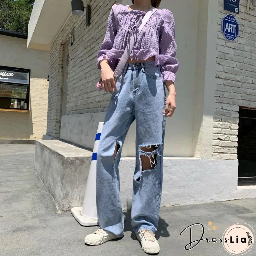 Ripped High Waist Jeans-Wide Leg, Distressed denim, streetwear style