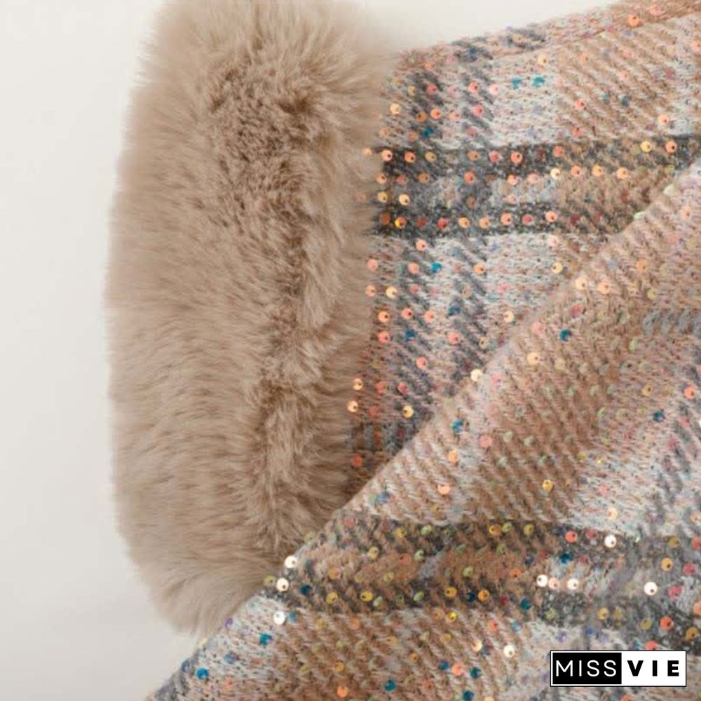 Plaid Print Furry Collar Fringed Casual Hooded Cloak Coat
