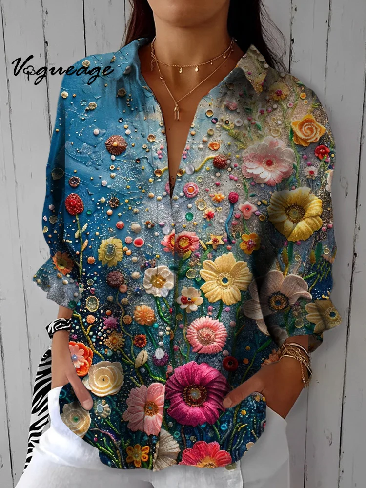 Vivid And Lifelike Bright Flowers Printed Cotton And Linen Shirt