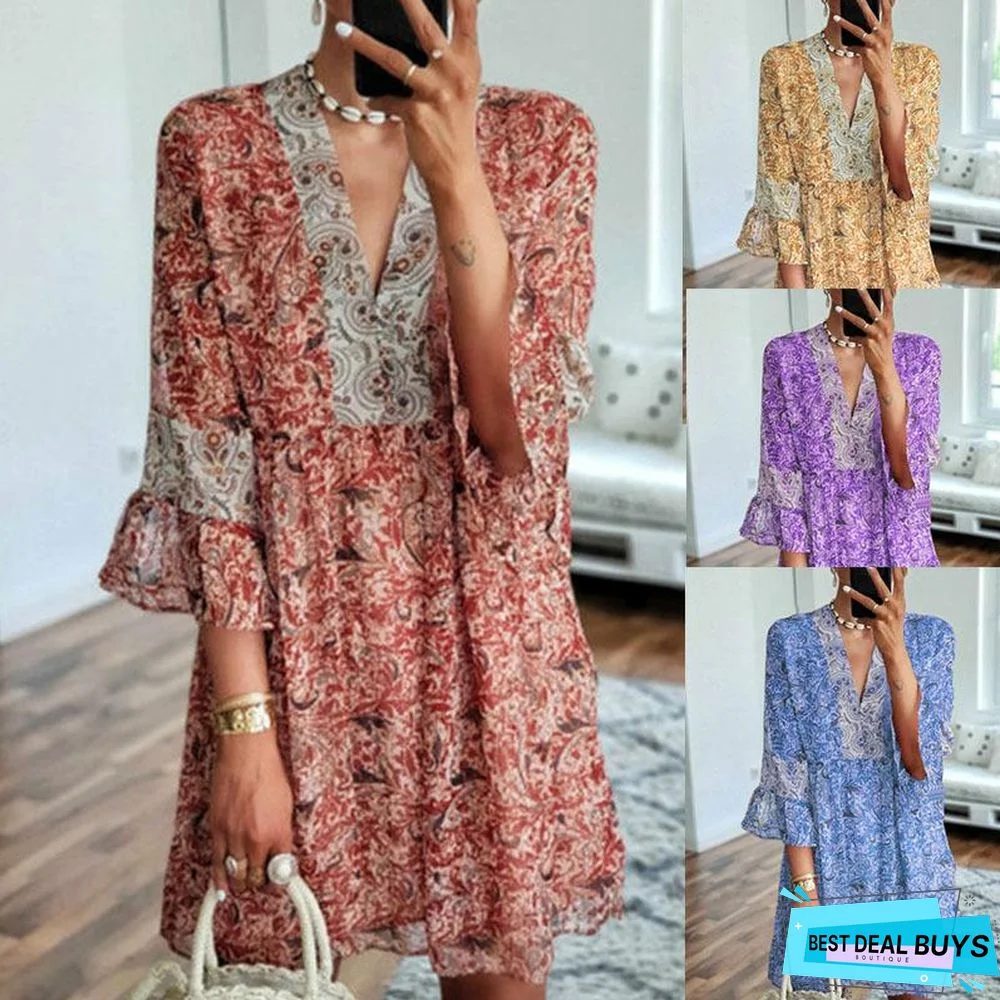 V-Neck Print Stitching Loose Cropped Flared Sleeve Dress