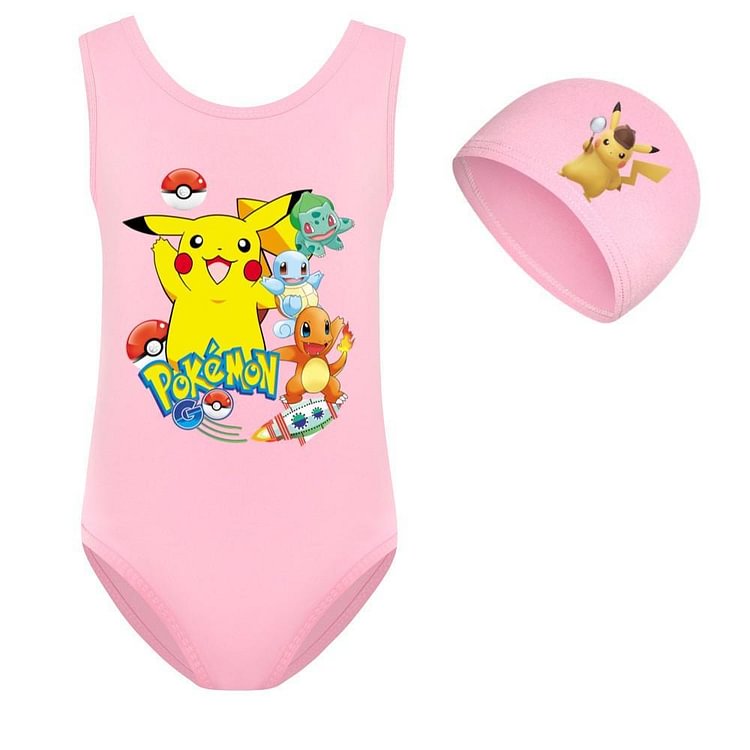 Pokemon Pikachu Detective Print Girls One Piece Beach Swimsuit And Cap-Mayoulove