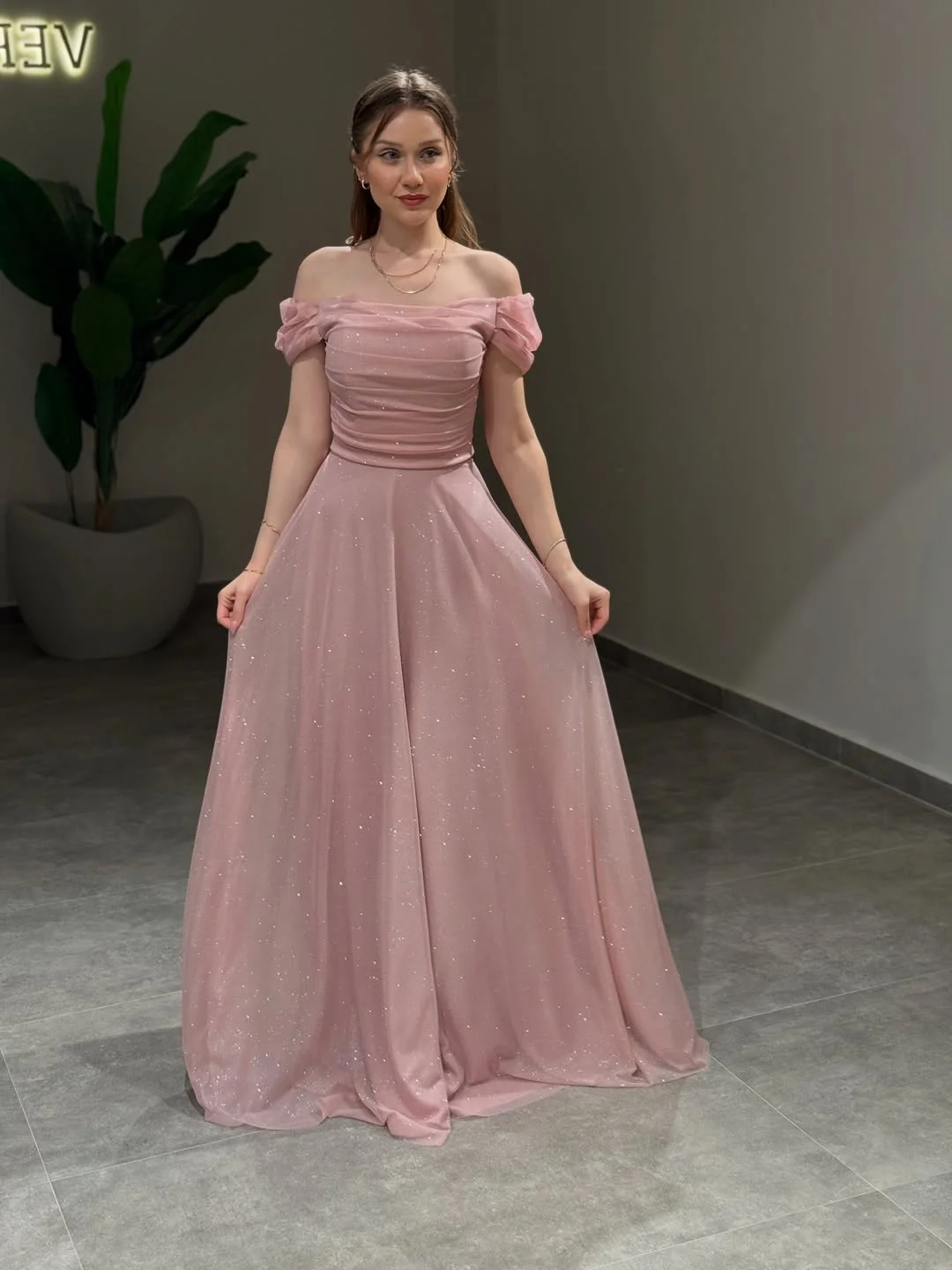 Refined Dusty Rose Off-The-Shoulder Pleated A-Line Prom Dress YK0286