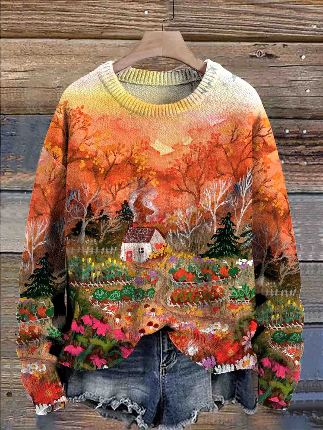 Retro Art Print Knit Pullover Sweater