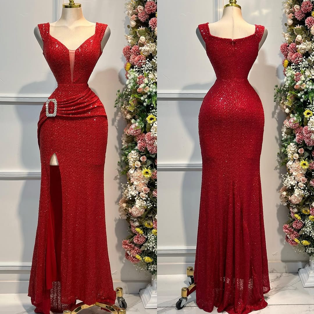Red Long Tulle Split Prom Dress Mermaid with Sequins QL0072