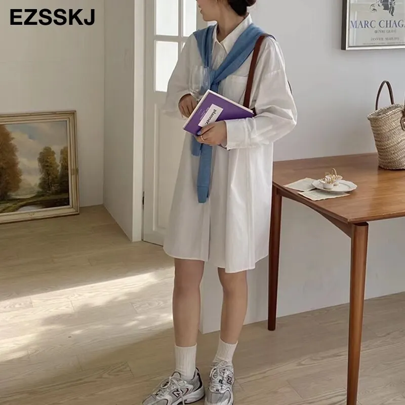 Spring Summer Blouses Shirts dress women A-LINE midi blouse dress Female green white Oversized Shirts dress long sleeve