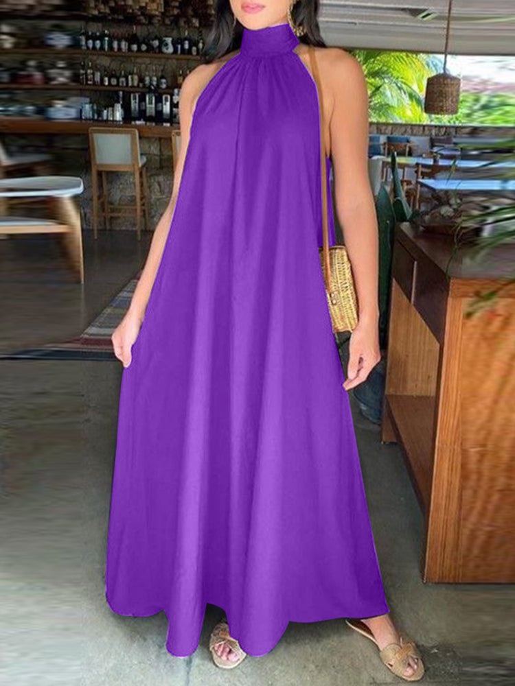 Solid Halter Neck Backless Sleeveless Maxi Dress SKUJ33184 QueenFunky