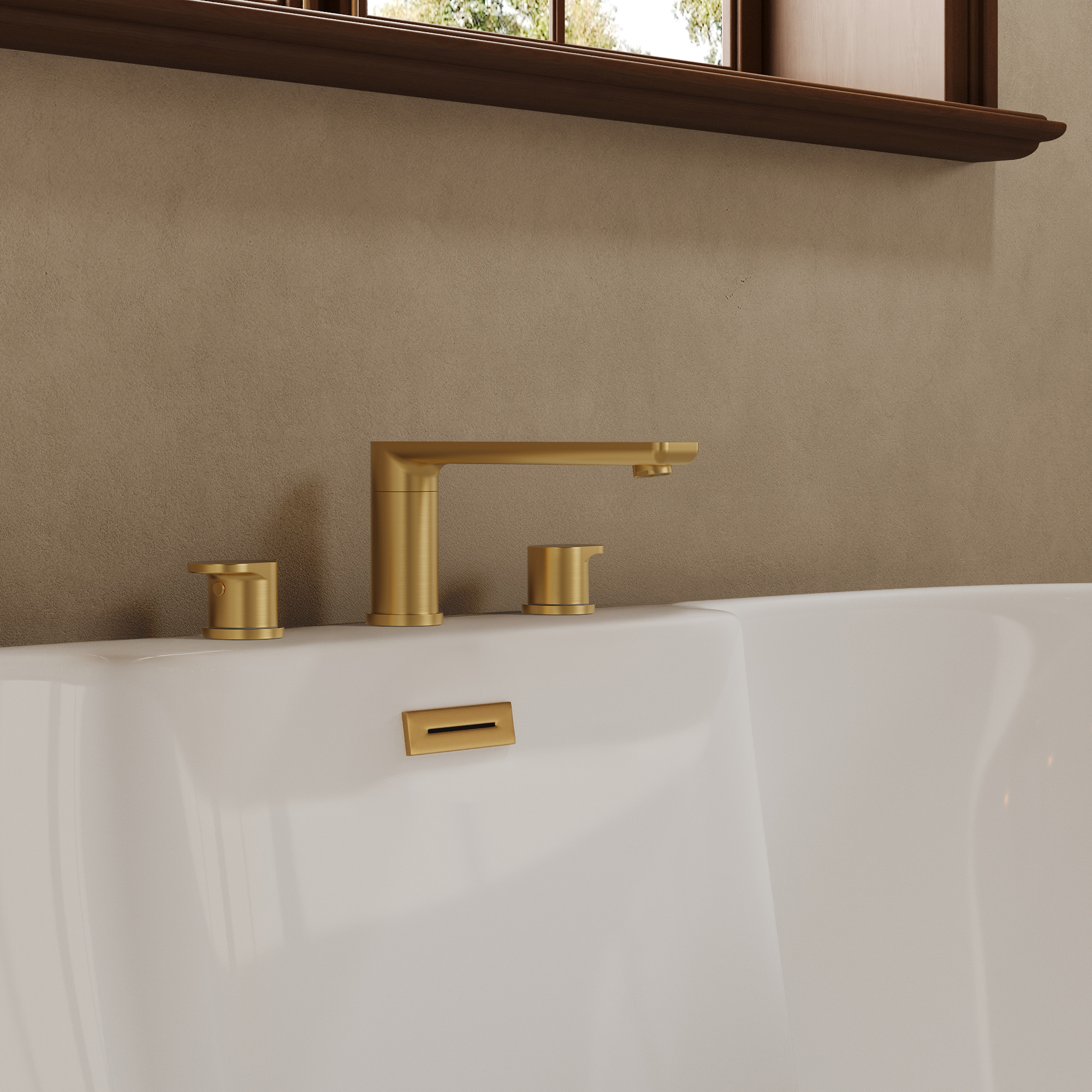2-Handle Deck-Mounted Low Arc Roman Tub 1-Spray Tub and Shower Faucet 2.8 GPM in Brushed Gold Spot Resist Valve Included