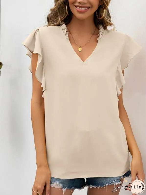Ruffle Sleeve Casual V-Neck Shirt Top