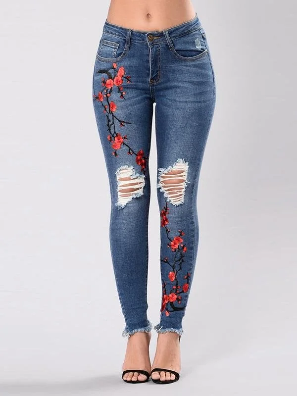 Women's Vintage High Waist Stretch Denim Jeans with Floral Embroidery Design
