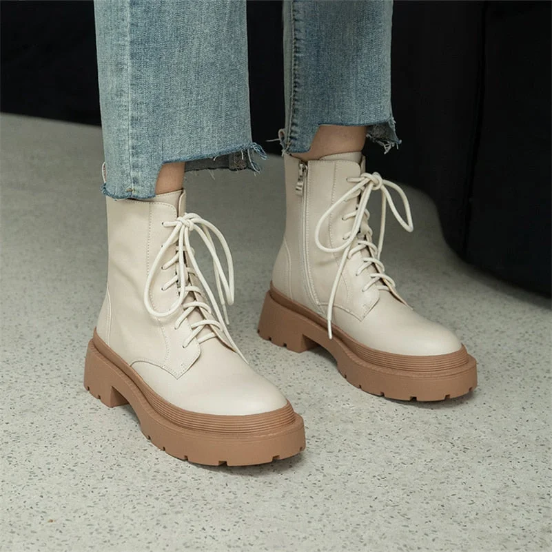 Meotina Women Shoes Genuine Leather Motorcycle Boots Thick Med Heel Boots Round Toe Zipper Lady Footwear Autumn Winter 40 Beige