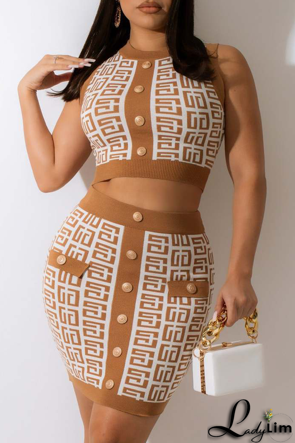 Coffee Sexy Print Buckle O Neck Sleeveless Two Pieces