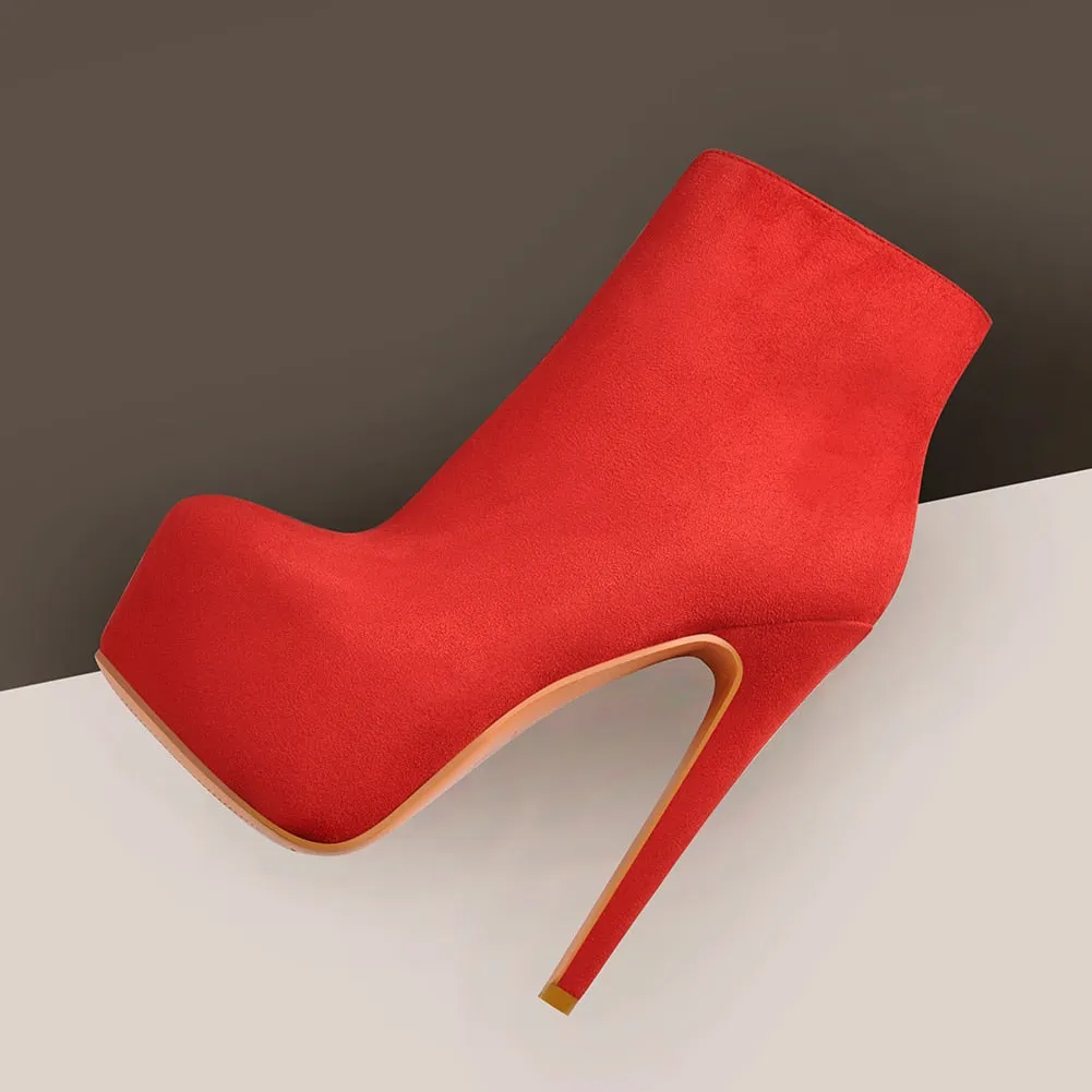 Onlymaker Women Booties Round Toe Patform Ankle Booties Black Red Flock Stiletto Side Zipper 16CM High Heel Sexy Lady Boots