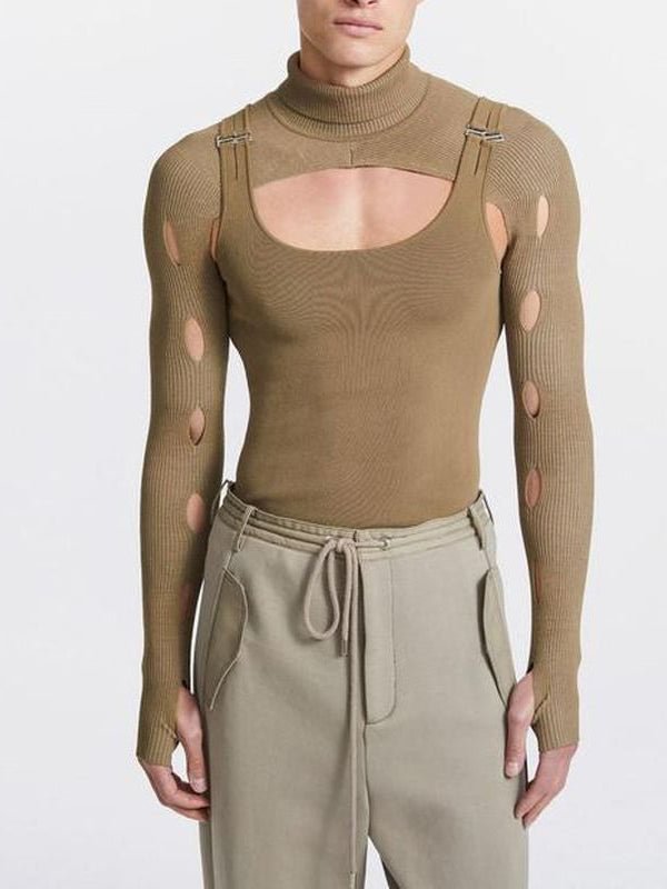 Men's Irregular Patchwork Mesh High Neck Cutout Long Sleeve T-Shirt
