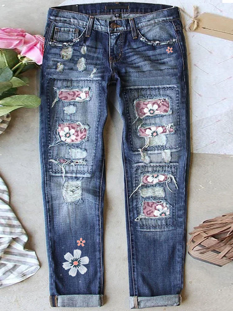 Women's Daisy Leopard Pattern Ripped Casual Jeans socialshop