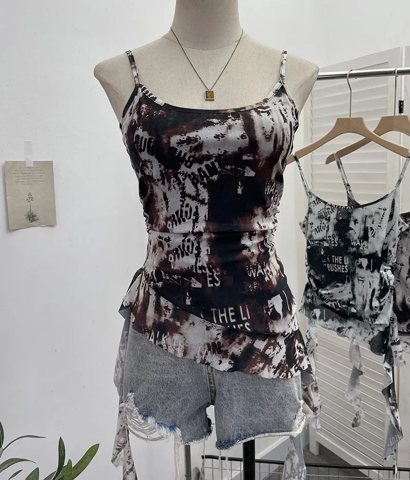 Brownm Solid Shooting Wasteland Style Personality Letter Tie-Dye Printing Mesh Sling Sling Babes Irregular Tuxedo Small Vest 9965